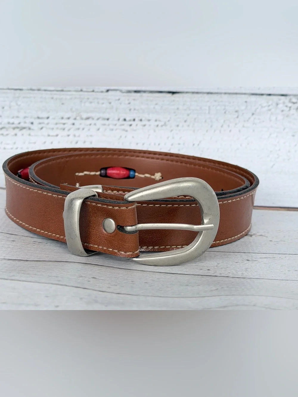 Vintage Western Brown Leather Belt Horseshoe Silver Buckle Boho Beaded Inlay